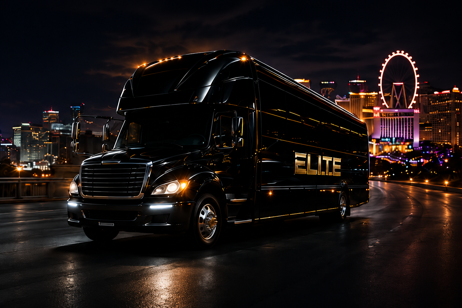 Elete party bus on the Las Vegas Strip at night