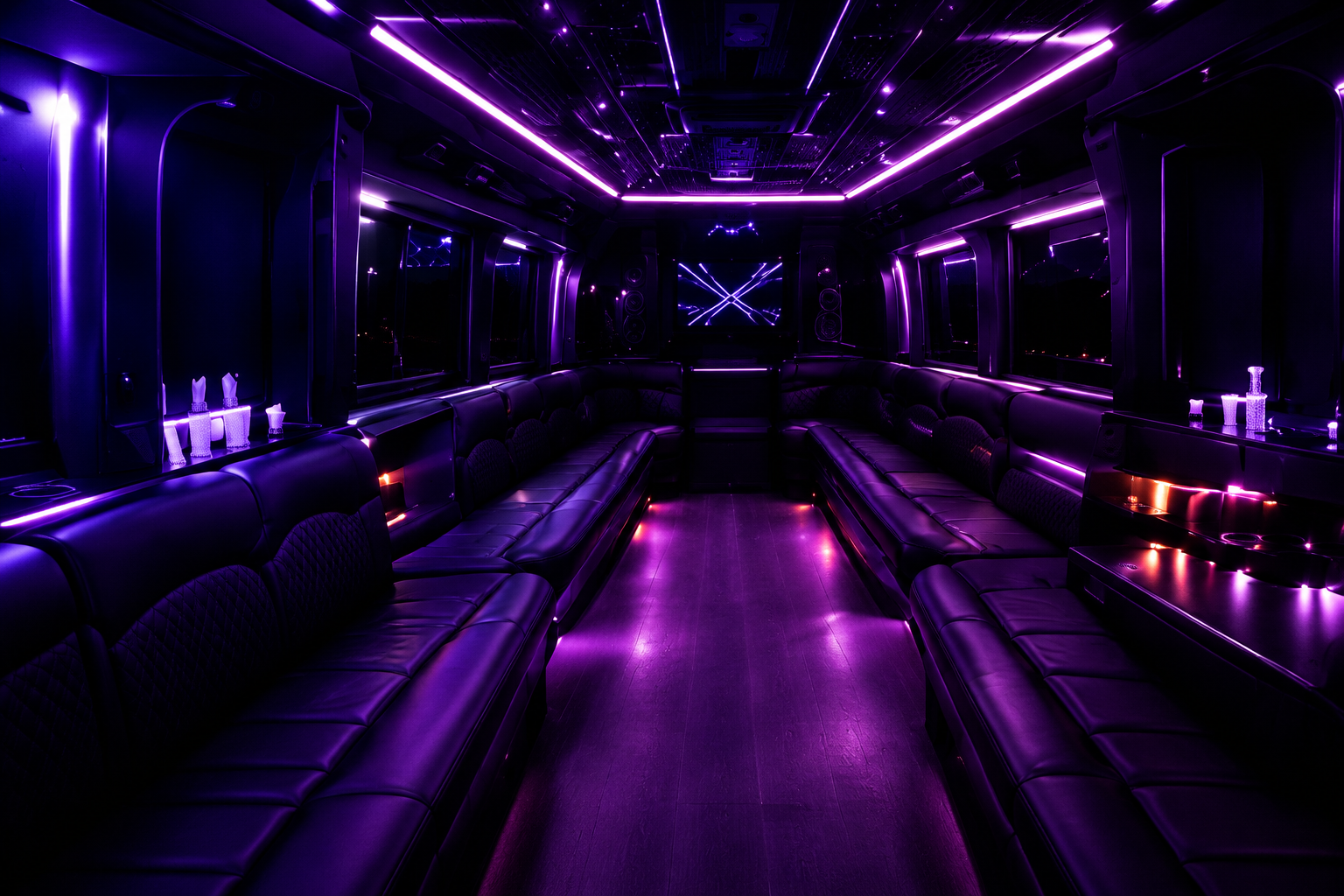 Purple LED party bus lounge