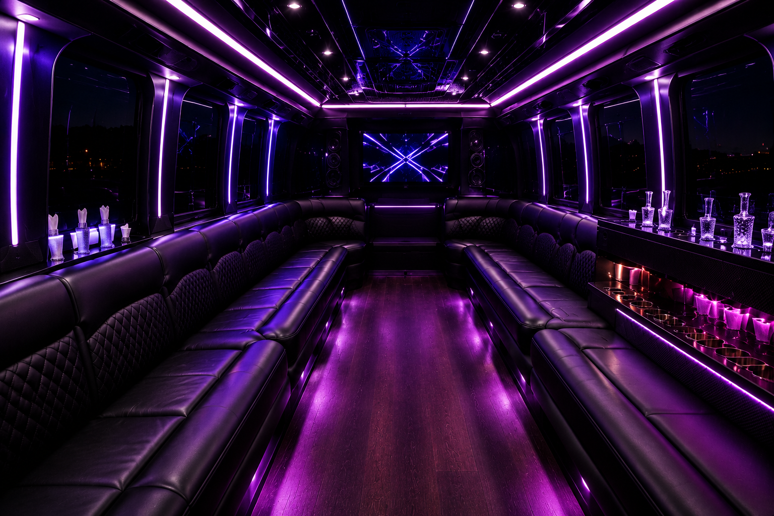 Purple LED party bus interior with bar