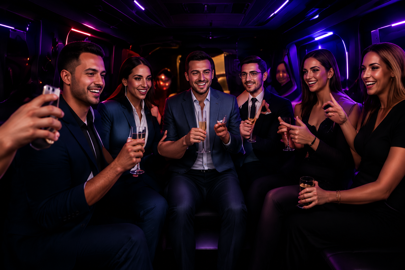Champagne celebration on the party bus