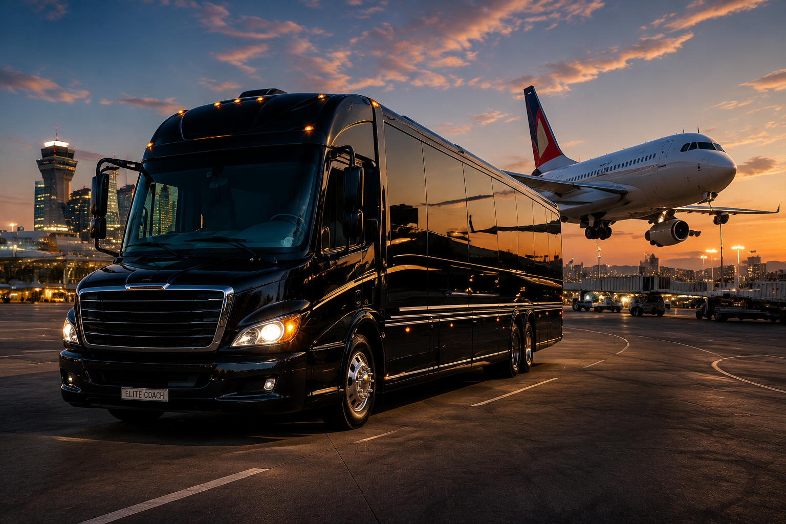 Elete Coach with jet at golden hour
