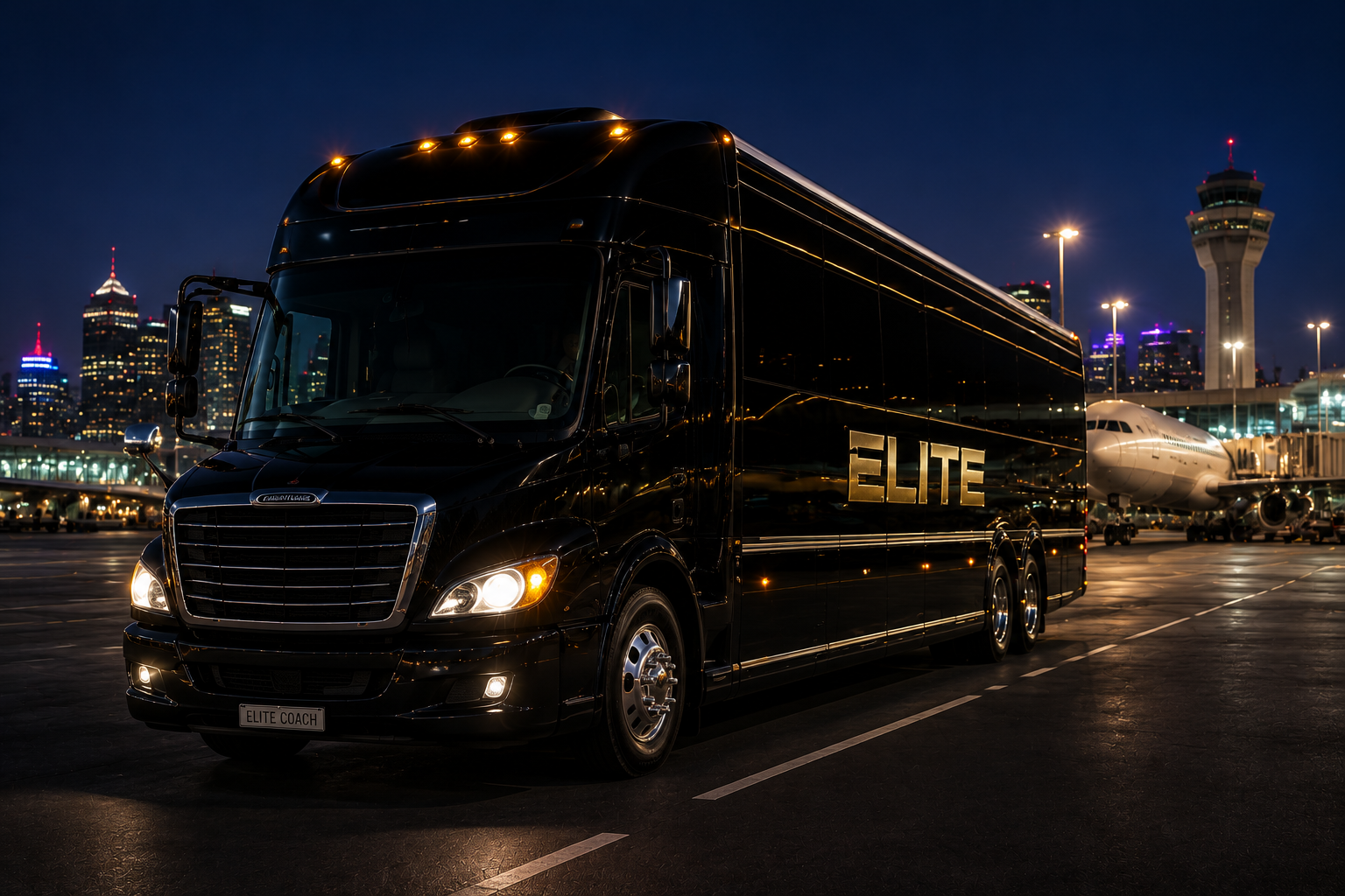 Elete party bus at the airport at night