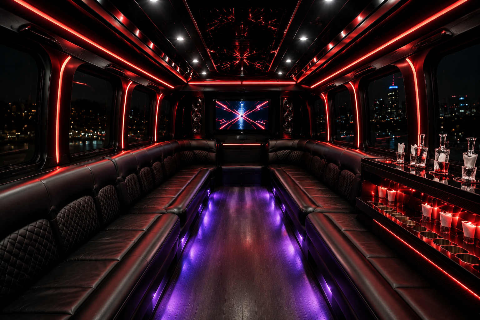 Red LED party bus lounge with bar