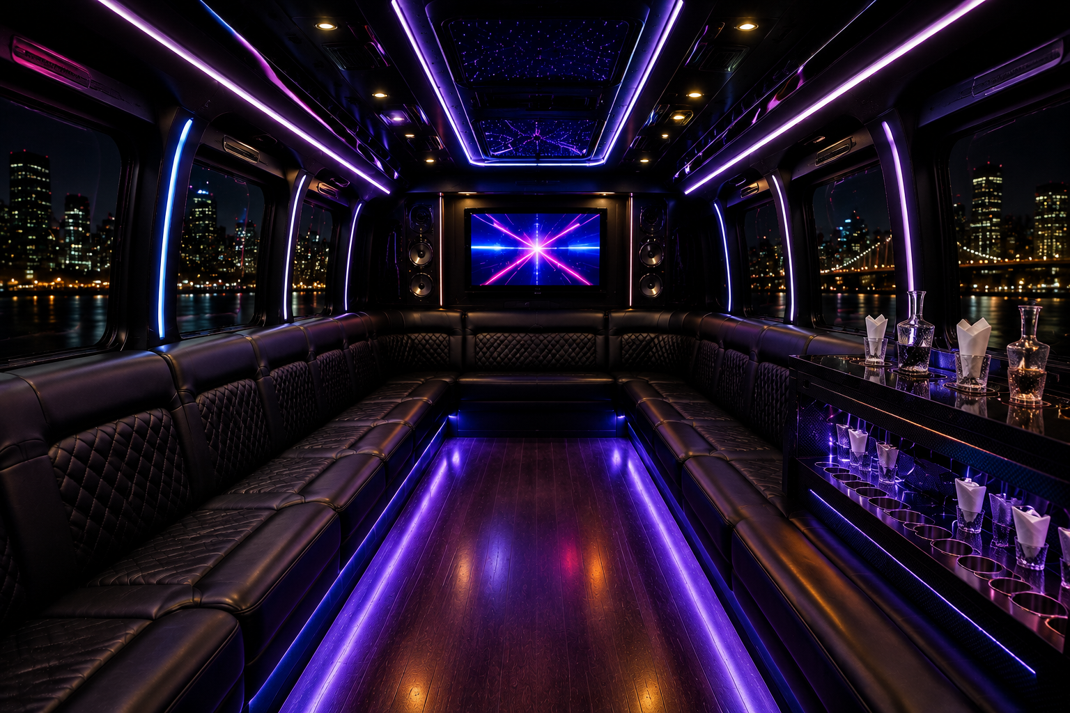 Blue neon party bus lounge with screen