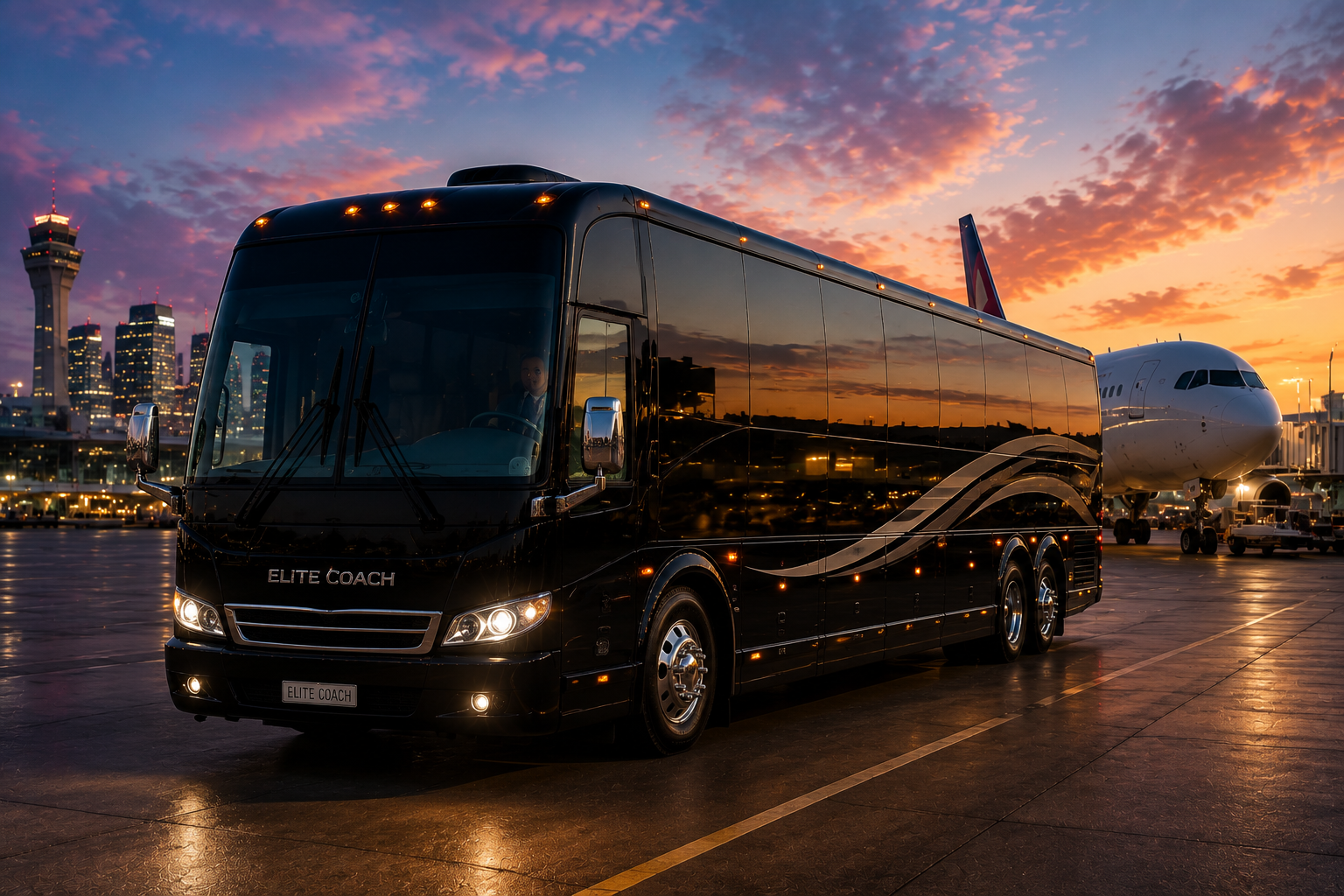 Elete Coach at the airport at sunset